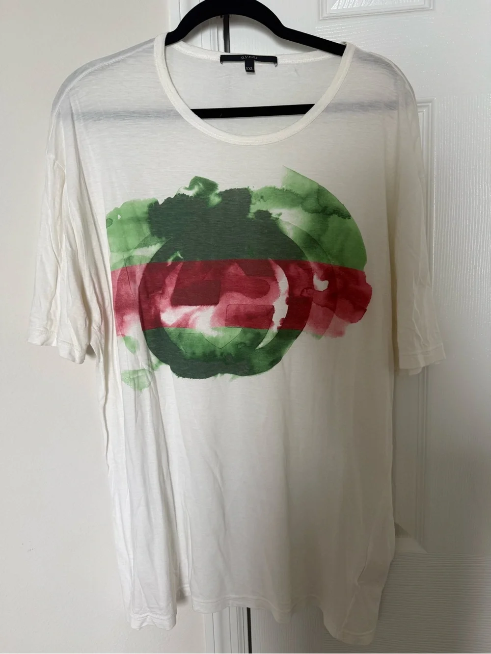 Men’s White Gucci Tee with Red and Green Watercolor Print